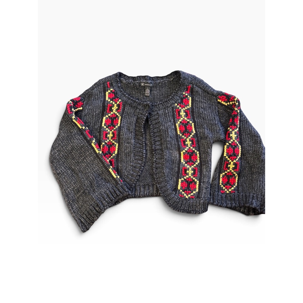 INC International Concepts Gray Wool Alpaca Blend Embroidered Cropped Cardigan L